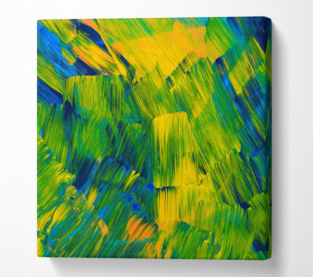 A Square Canvas Print Showing Green On Yellow Flat Brush Trokes Square Wall Art