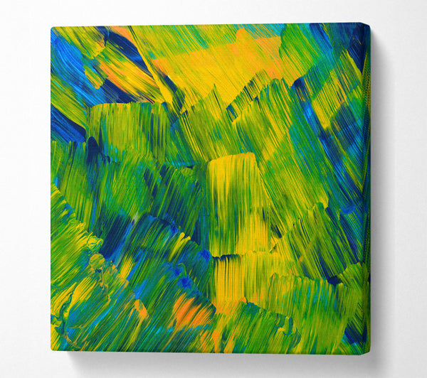 A Square Canvas Print Showing Green On Yellow Flat Brush Trokes Square Wall Art