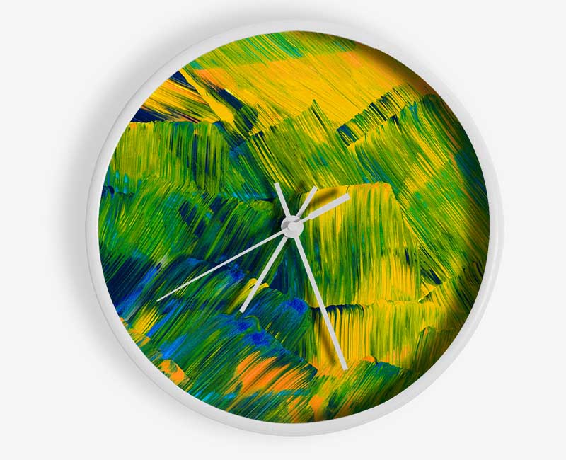 Green On Yellow Flat Brush Trokes Clock - Wallart-Direct UK