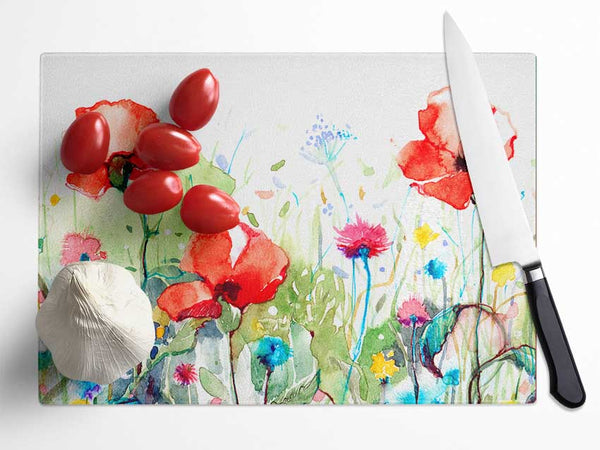 Poppies And Mixed Flowers Glass Chopping Board