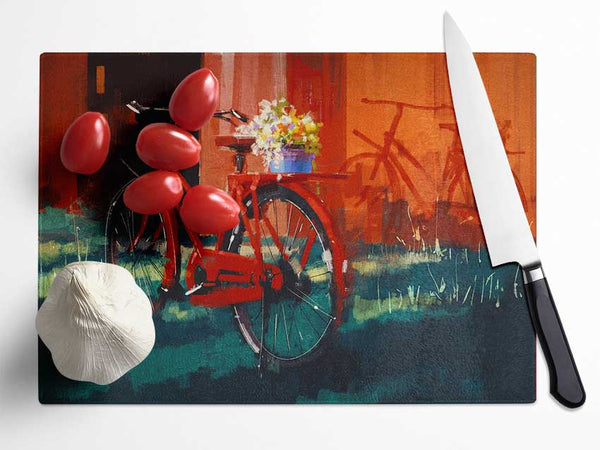 The Red Bike In Amsterdam Glass Chopping Board