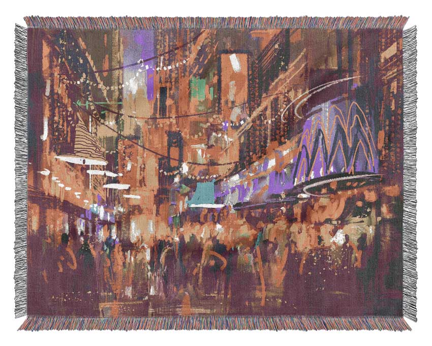 Busy Shops At Night Woven Blanket