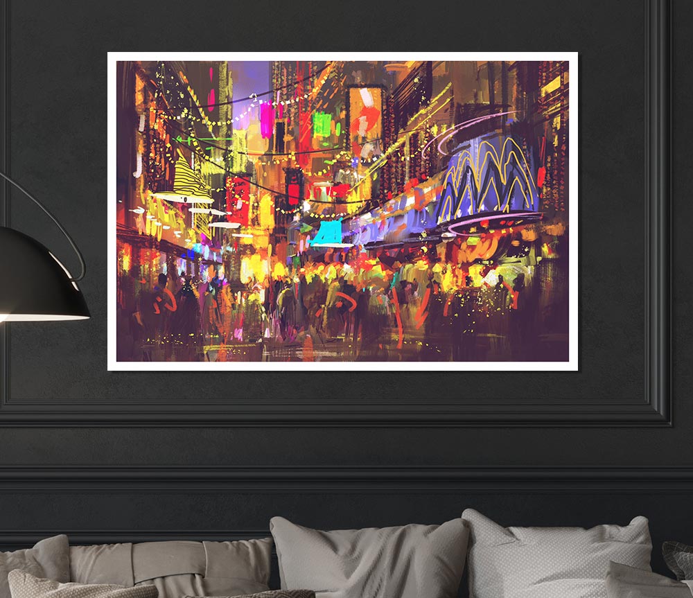 Busy Shops At Night Print Poster Wall Art