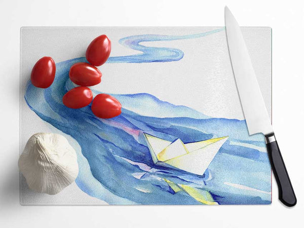 Paper Boat Down The Stream Glass Chopping Board