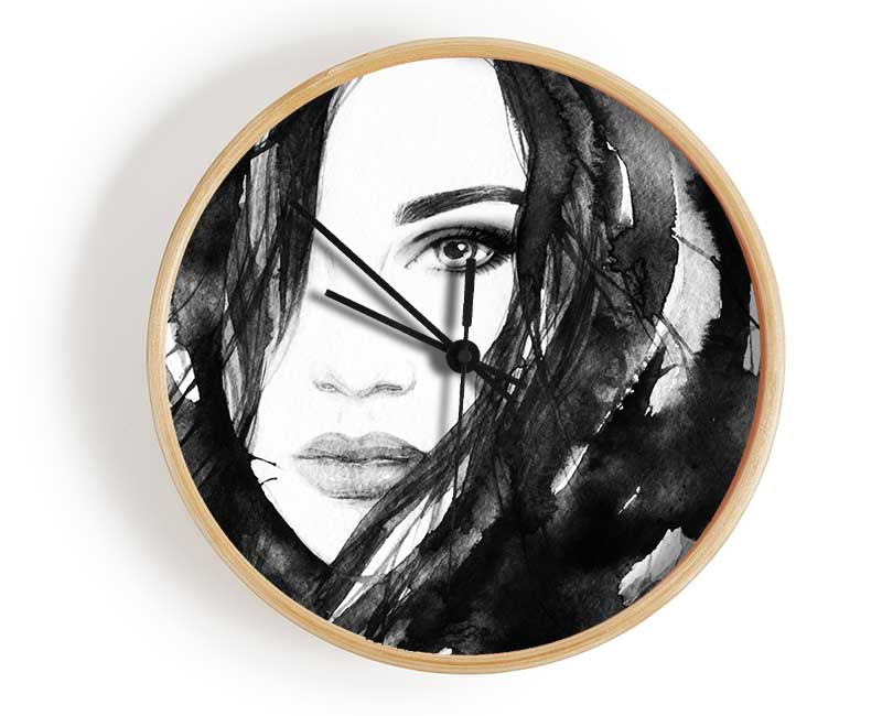 Black And White Watercolour Face Clock - Wallart-Direct UK