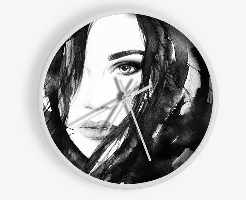 Black And White Watercolour Face Clock - Wallart-Direct UK