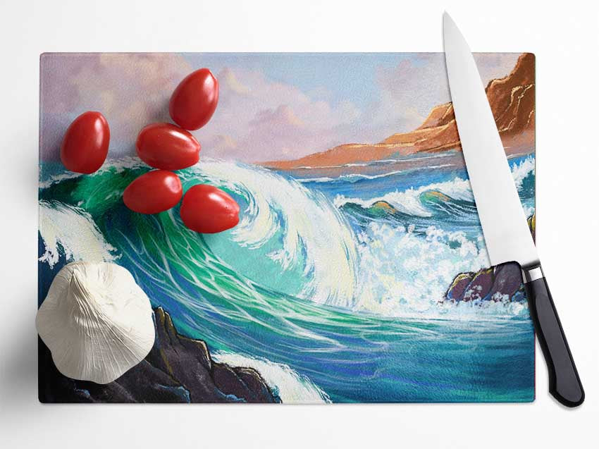 Waves Crashing On The Cliff Rocks Glass Chopping Board