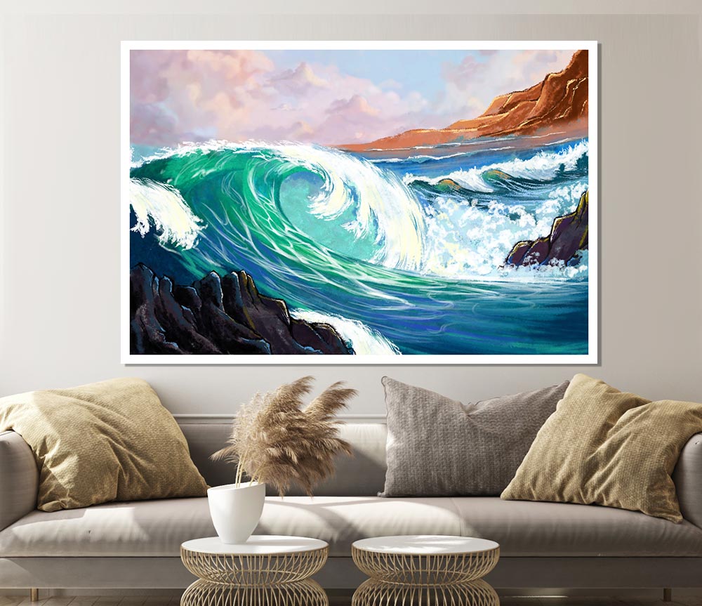 Waves Crashing On The Cliff Rocks Print Poster Wall Art