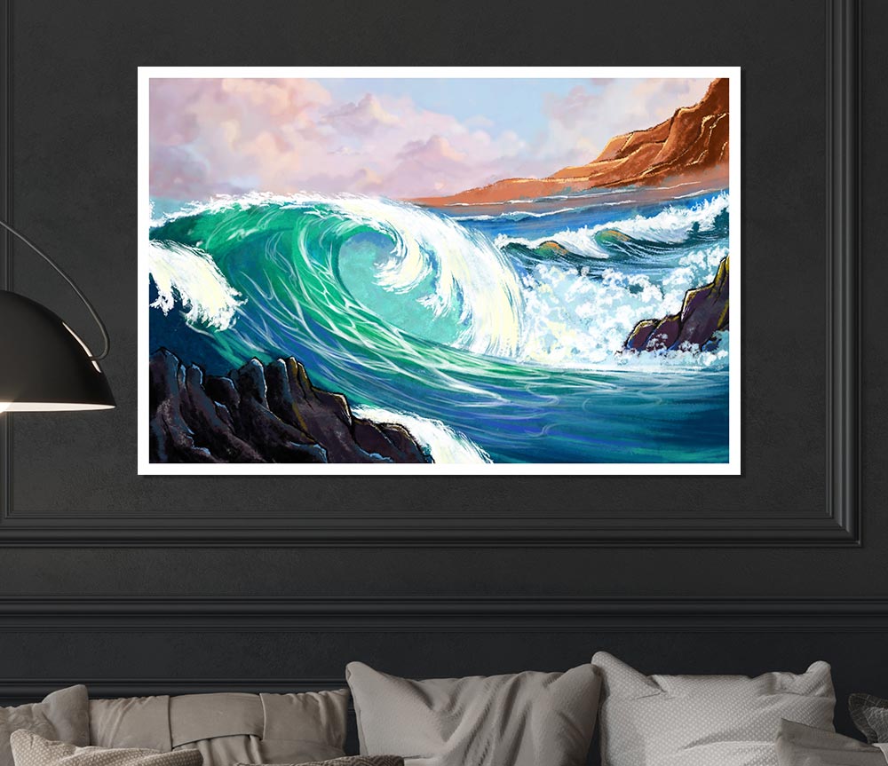 Waves Crashing On The Cliff Rocks Print Poster Wall Art