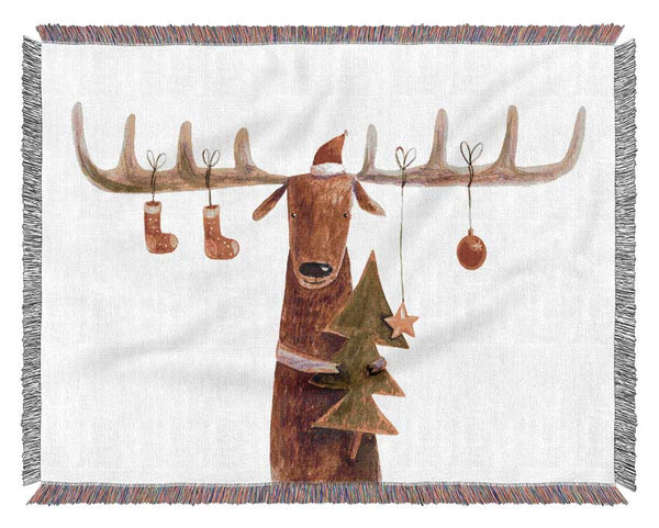 Reindeer At Christmas Antlers Woven Blanket