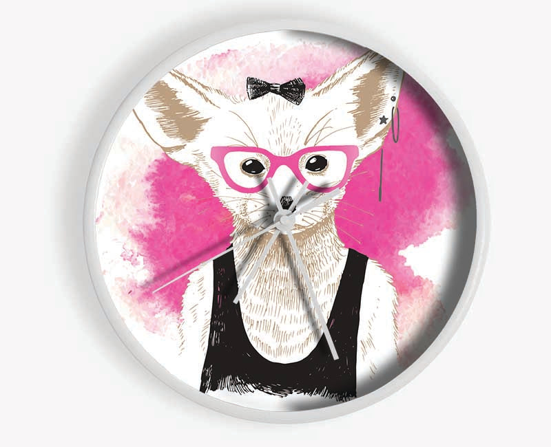 Arctic Fox Bow Pink Glasses Clock - Wallart-Direct UK