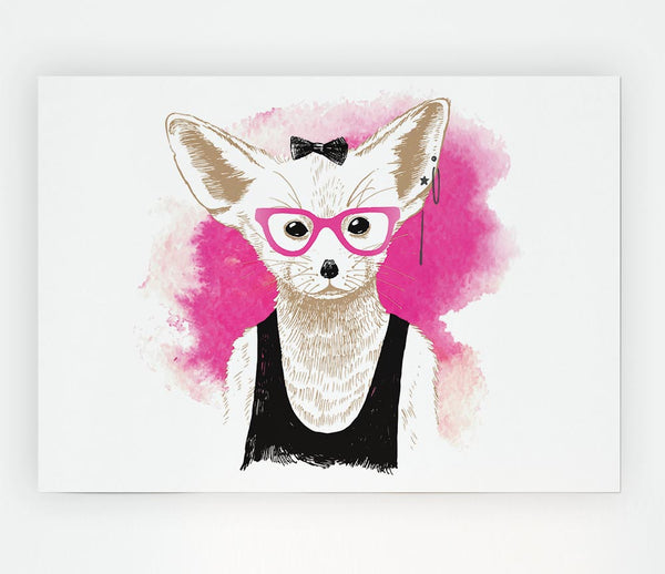 Arctic Fox Bow Pink Glasses Print Poster Wall Art