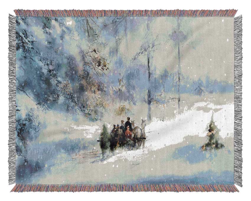 Traveling Through The Snow Woven Blanket