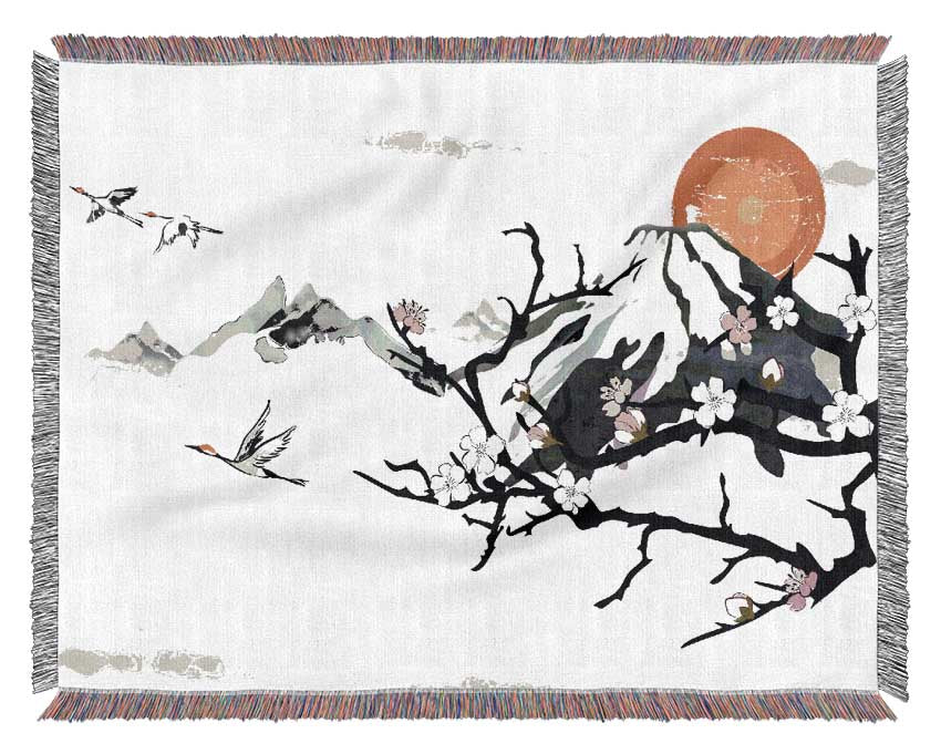 Branches In The Japanese Sunrise Woven Blanket