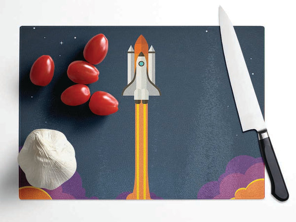 Rocket Ship Into Space Glass Chopping Board