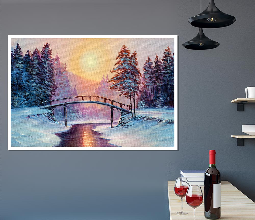 Bridge Across The Winter Scene Print Poster Wall Art