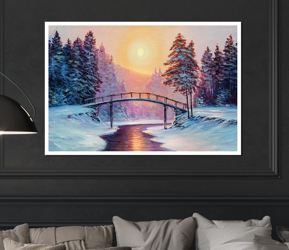 Bridge Across The Winter Scene Print Poster Wall Art