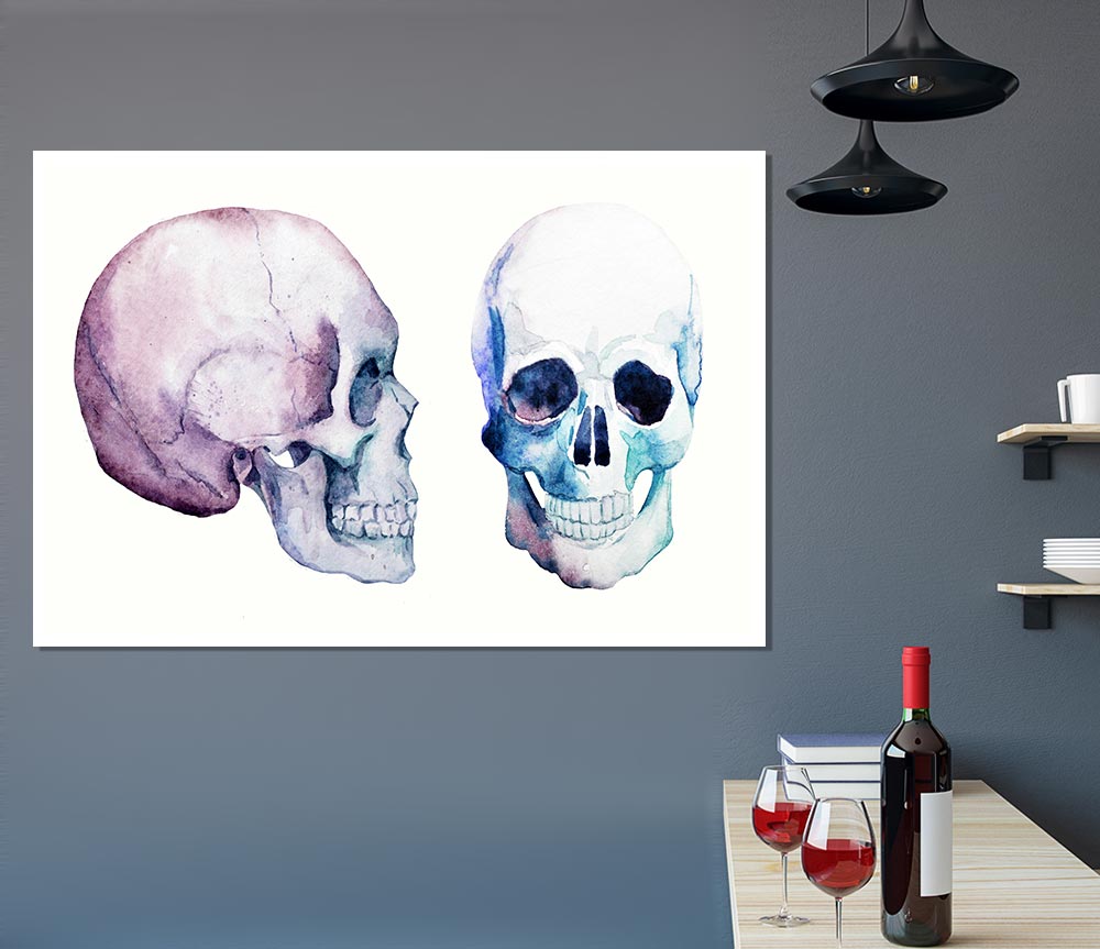 Two Skulls Meet Print Poster Wall Art