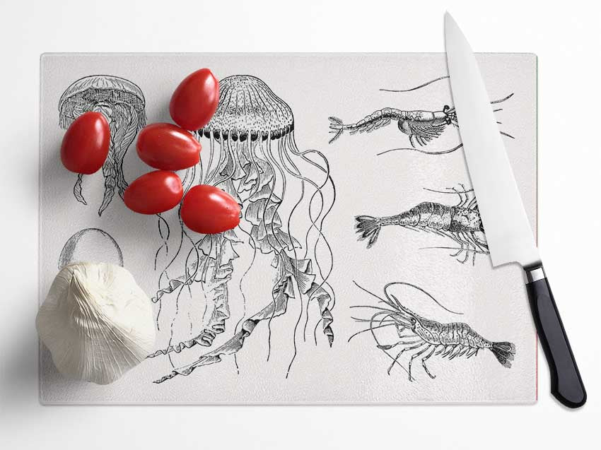 Jellyfish And Shrimp Glass Chopping Board