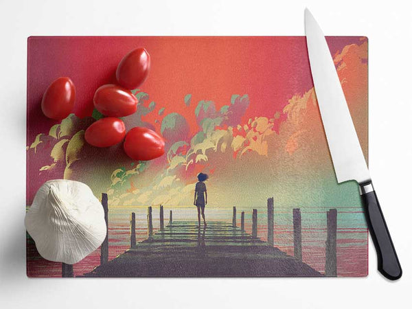 The Red Skies On The Beach Glass Chopping Board