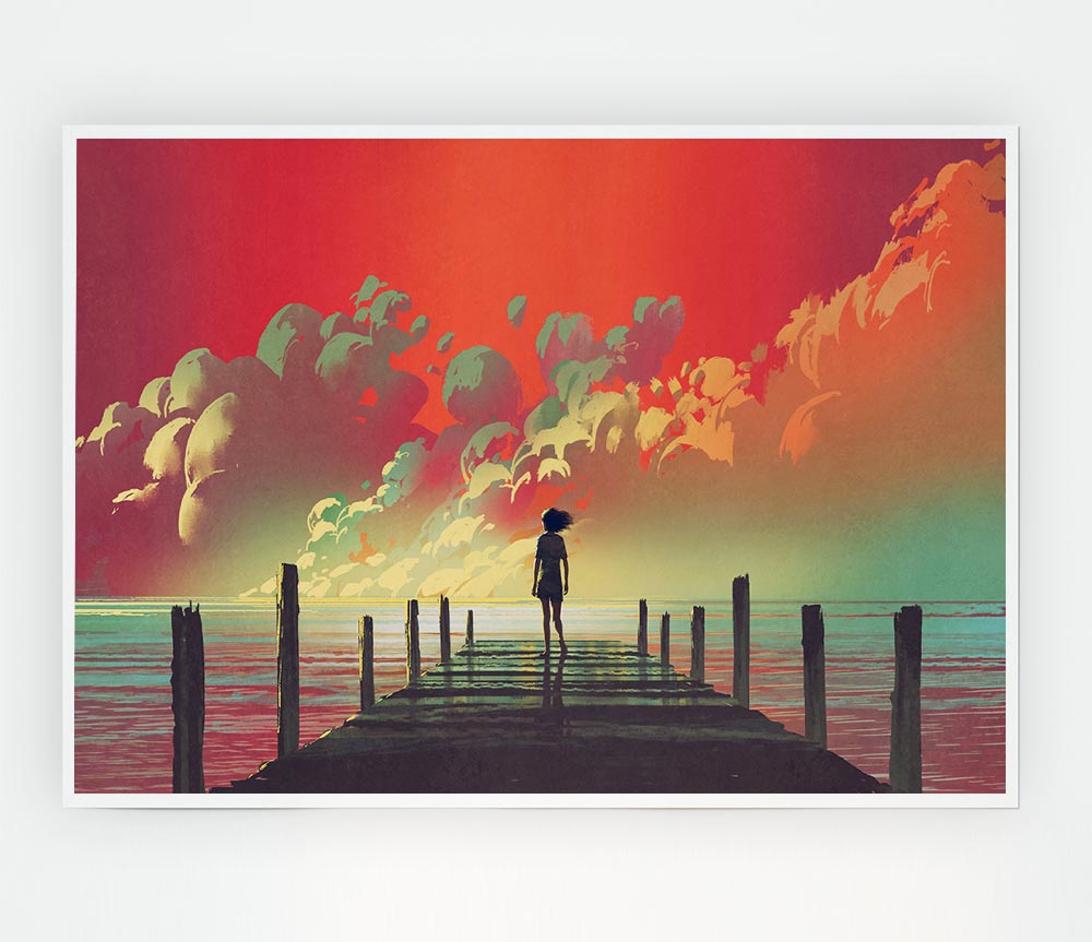 The Red Skies On The Beach Print Poster Wall Art