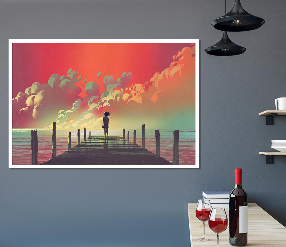 The Red Skies On The Beach Print Poster Wall Art