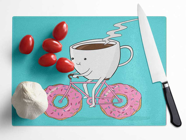 Coffee Riding A Donut Bicycle Glass Chopping Board