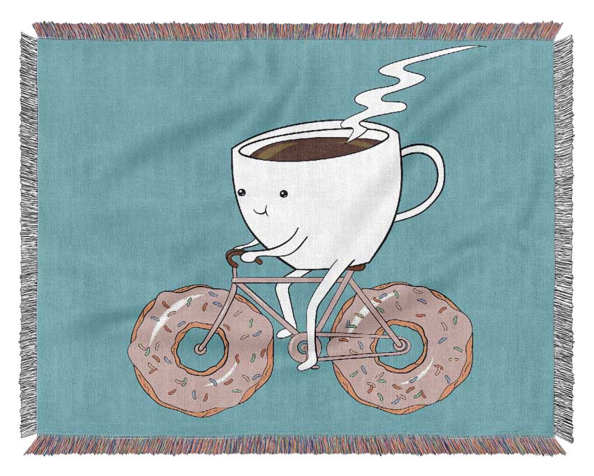 Coffee Riding A Donut Bicycle Woven Blanket