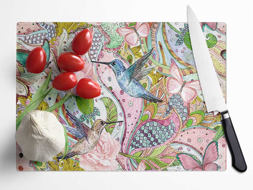 Hummingbird Paradise Pattern Glass Chopping Board