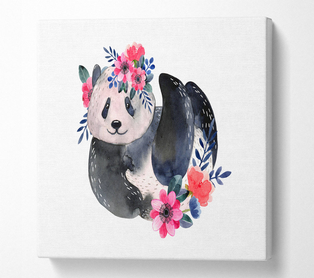 A Square Canvas Print Showing Cute Floral Panda Square Wall Art