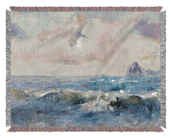 Dull Skies Over The Crashing Waves Woven Blanket