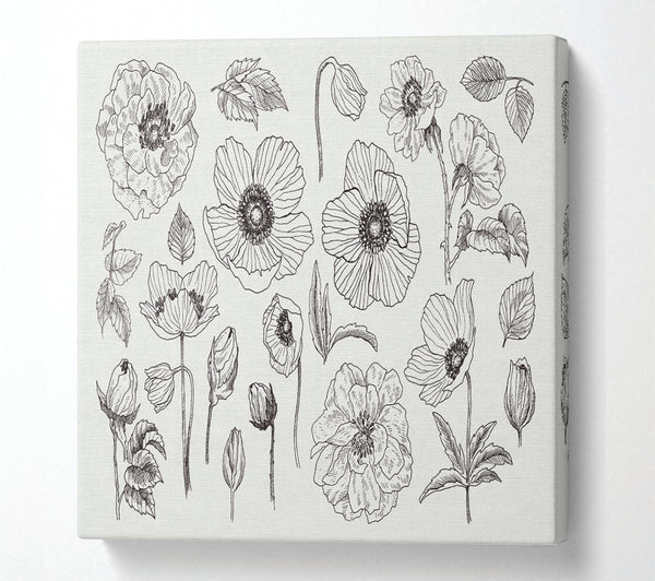 A Square Canvas Print Showing Hand Drawn Flowers Illustration Square Wall Art