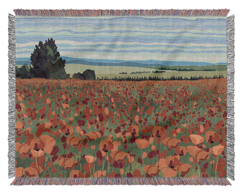 Red Poppy Field Flowers Woven Blanket