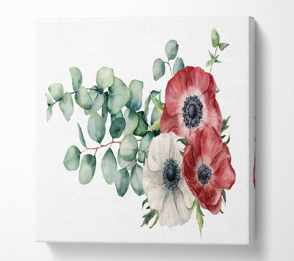 A Square Canvas Print Showing Green Leafed Flower Trio Square Wall Art