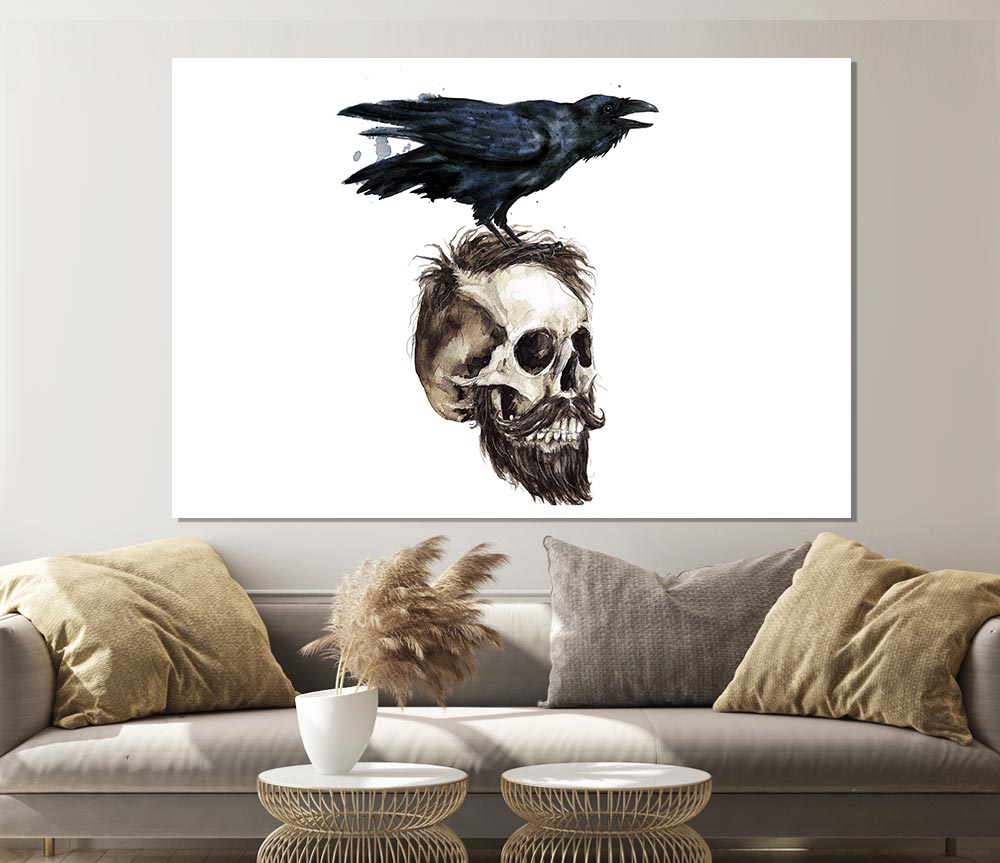 Crow On The Head Of A Skull Print Poster Wall Art