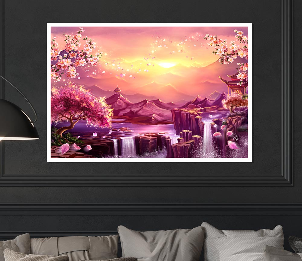 Beautiful Pink Blossom Waterfall Print Poster Wall Art