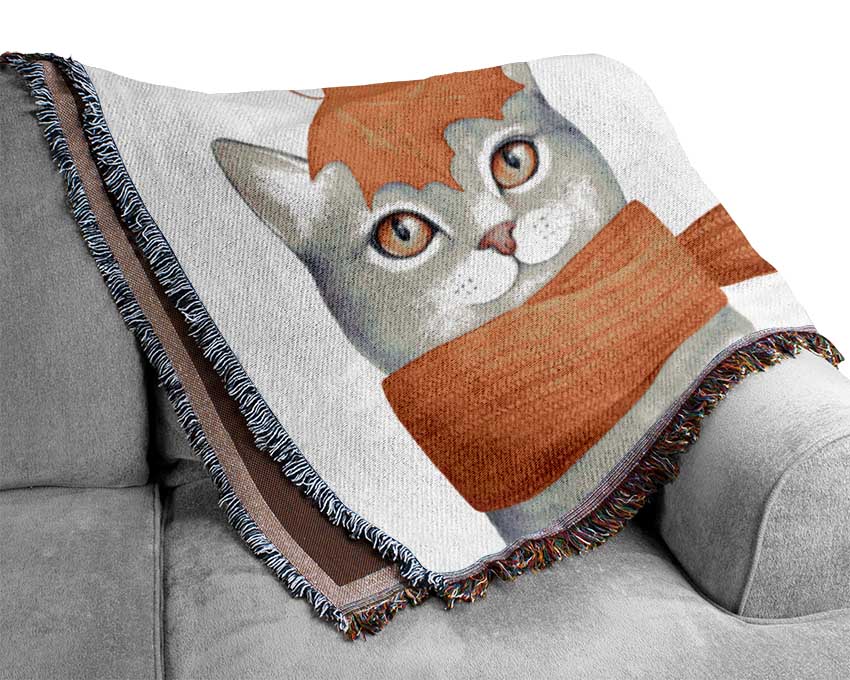 Cat With An Orange Scarf Woven Blanket