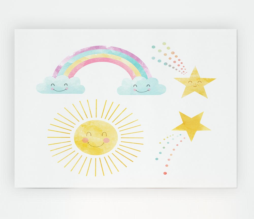 Happy Rainbow And Clouds Print Poster Wall Art