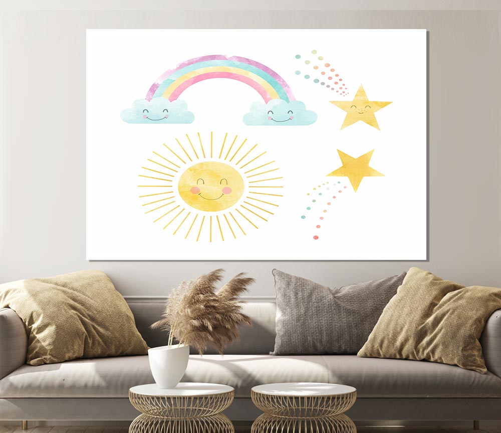 Happy Rainbow And Clouds Print Poster Wall Art