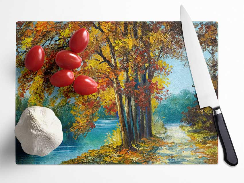 Autumn Tree Branches Painting Glass Chopping Board