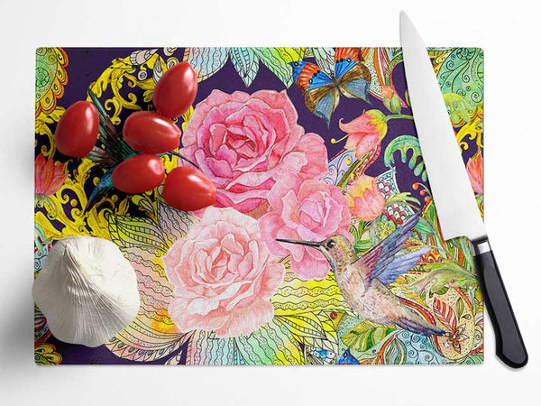 Hummingbird Flowers Dark Glass Chopping Board