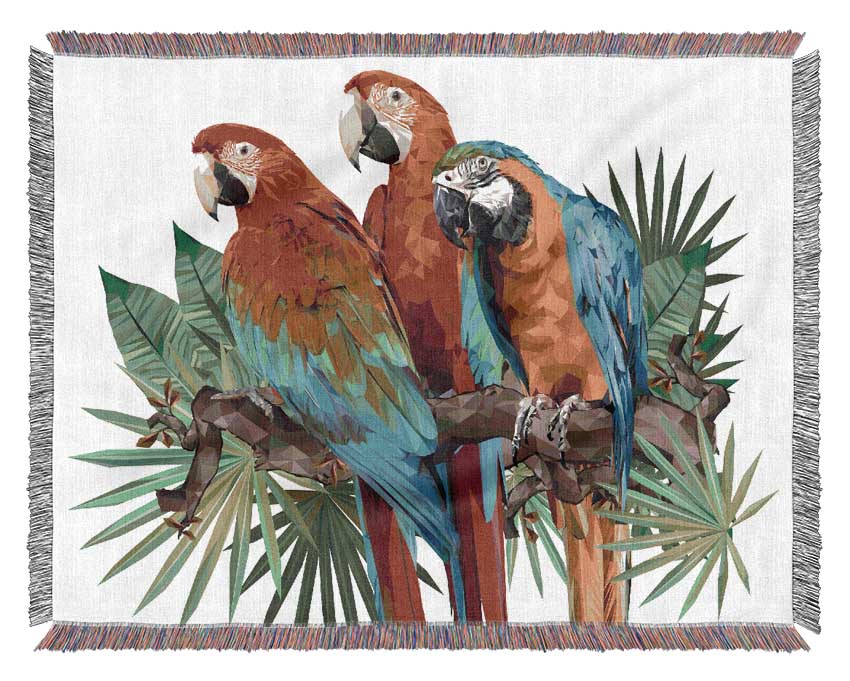 Three Parrots On A Branch Woven Blanket