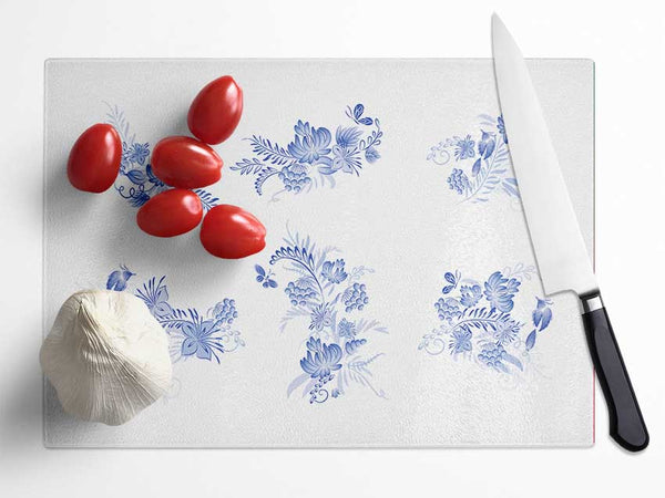 Blue Flowers On White Glass Chopping Board