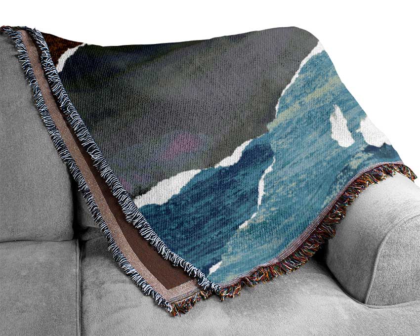 Cut Out Mountain Ocean Red Sun Woven Blanket