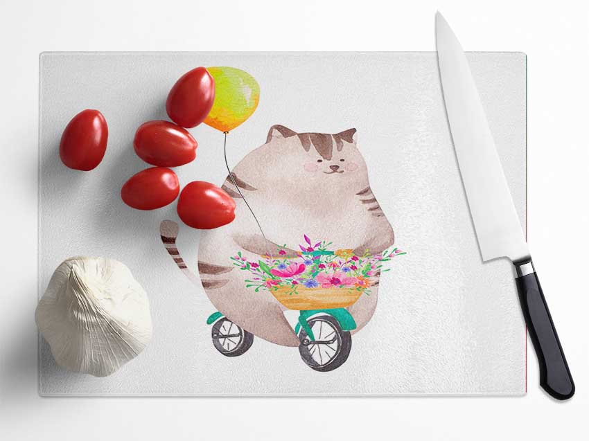 Cat Riding A Bike Glass Chopping Board