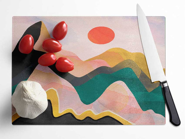 Red Sun Mountain Abstract Glass Chopping Board