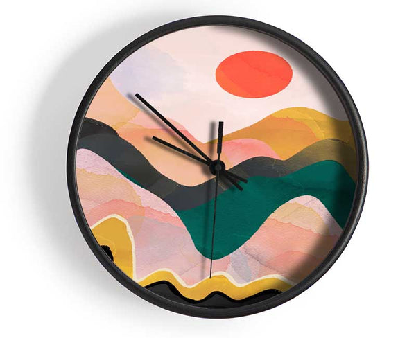 Red Sun Mountain Abstract Clock - Wallart-Direct UK