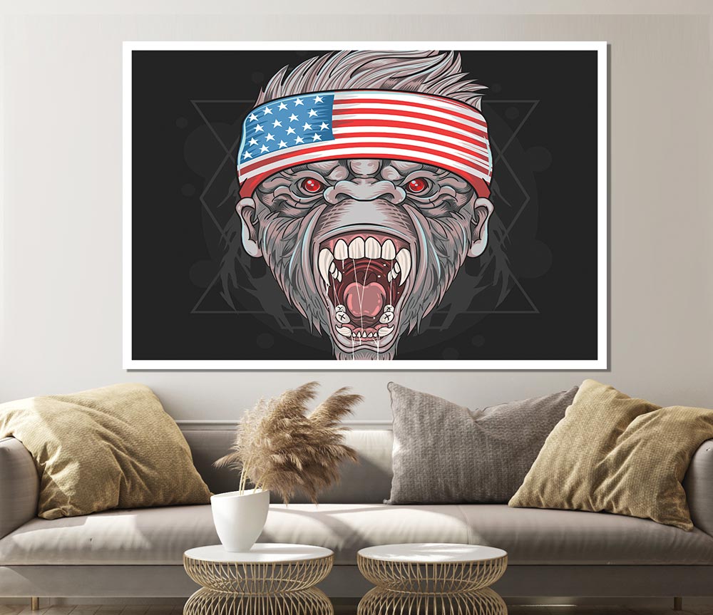 Angry Gorilla American Flag Print Poster Wall Art