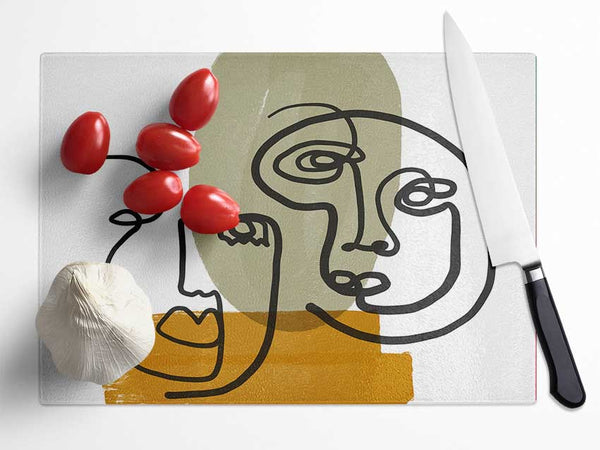 Two Abstract Line Drawing Faces Glass Chopping Board