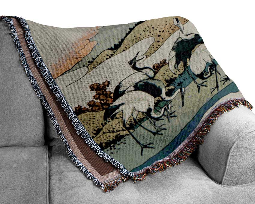 Cranes Below The Mountains Woven Blanket